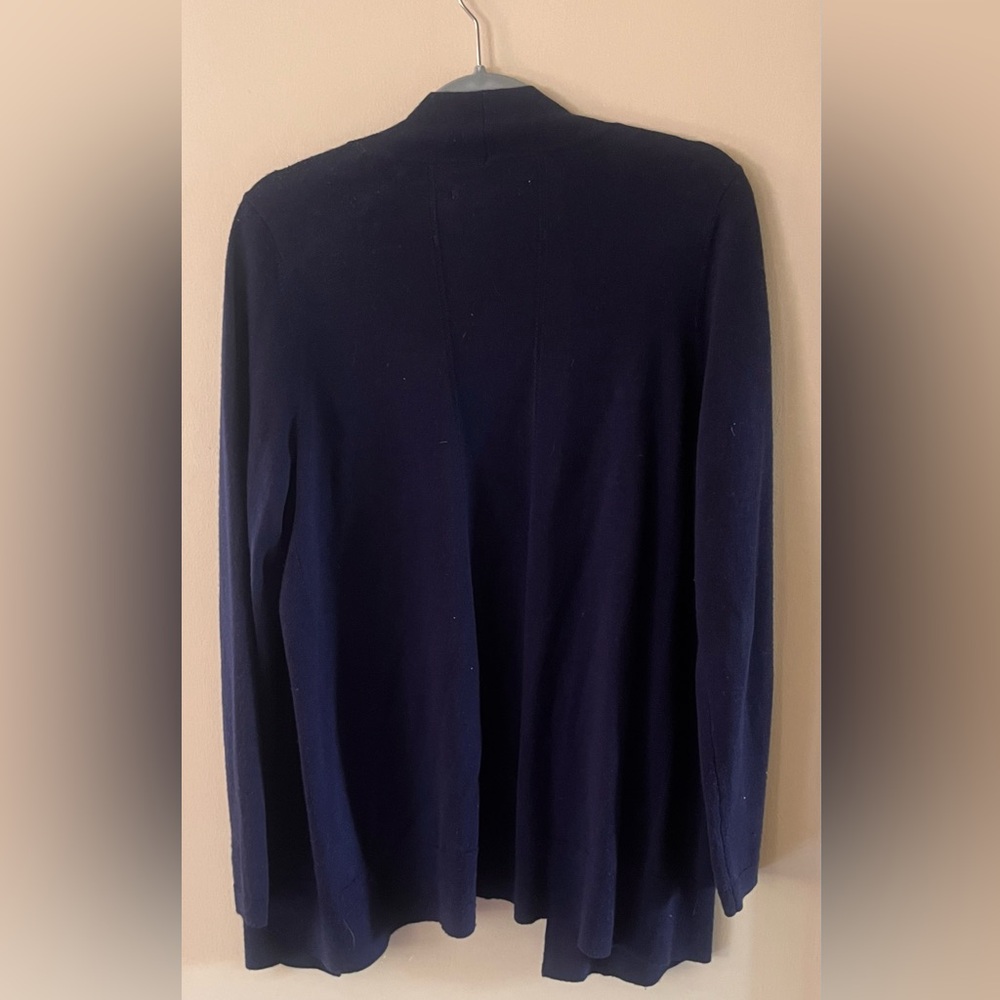 Max Studio 100% Extra-fine Merio Wool  Blue Women's Cardigan Sweater, 30" long - Picture 2 of 4